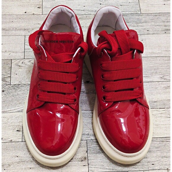 Alexander McQueen Shoes - Alexander McQueen Women's Low Top Sneakers Red Patent Leather Logo Sz 37EU/6.5US